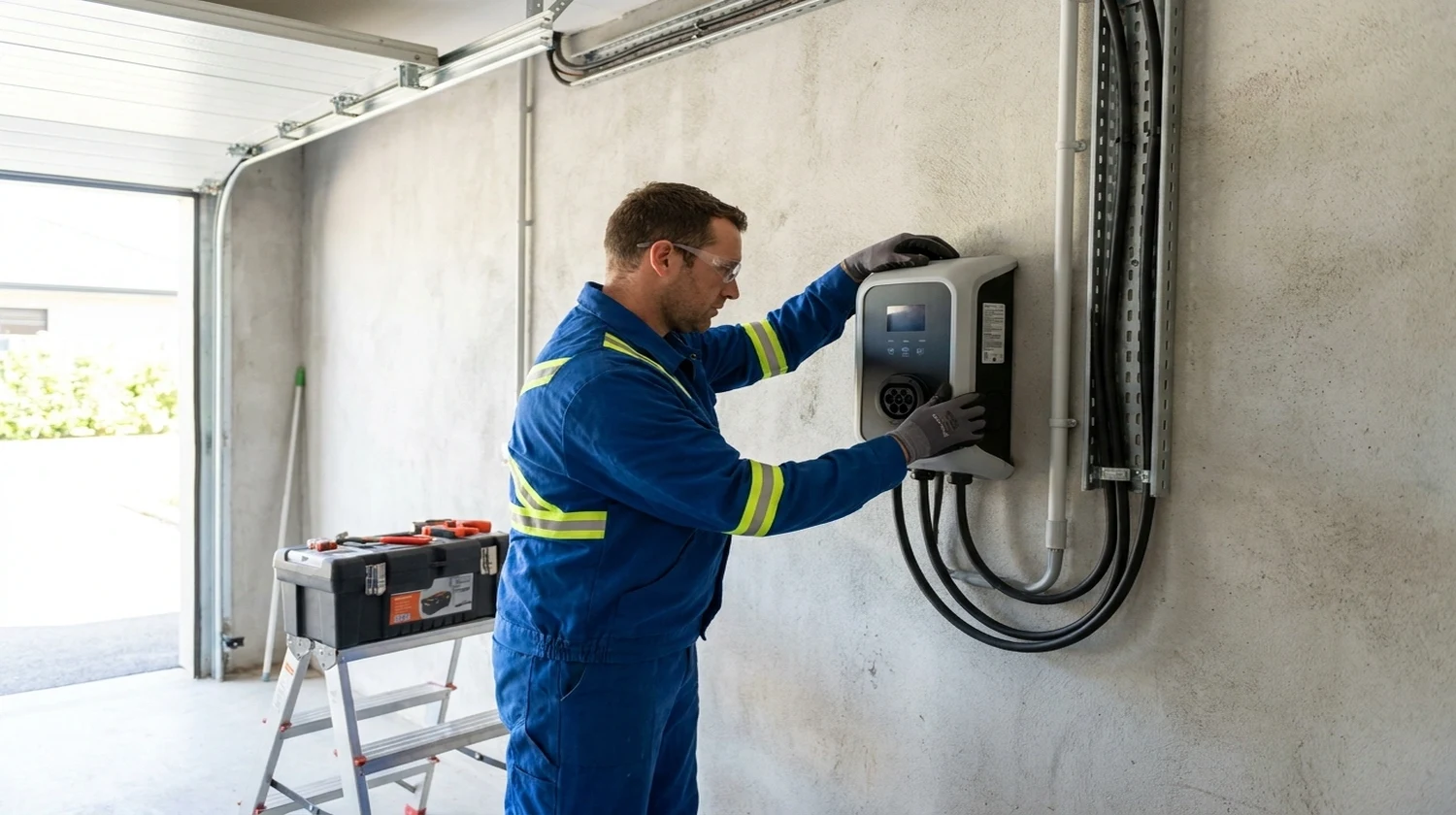 Gecertificeerde laadpaalmonteur installeert Type 2 laadpaal